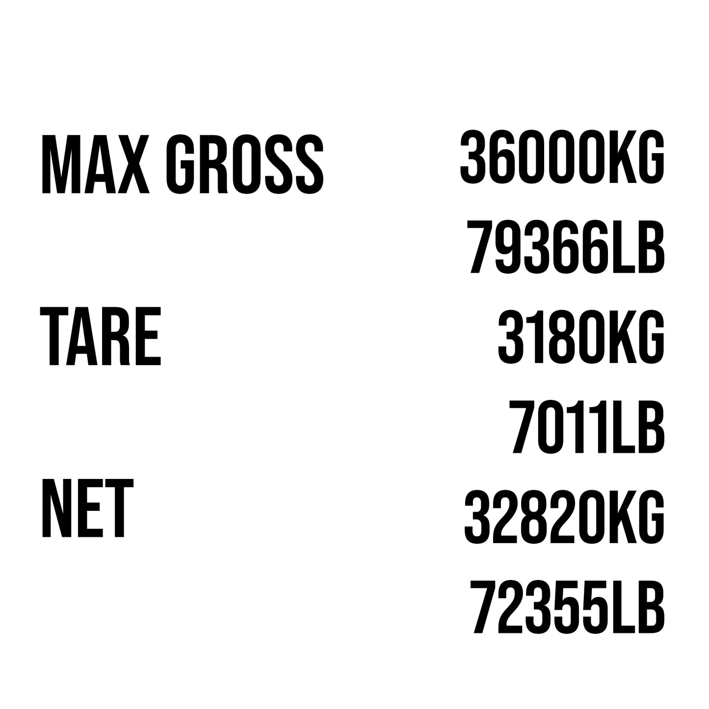 Shipping Container MAX Gross, TARE, & NET Tank Decal Sticker Sign For ISO Tanks, Trailers & Shipping Containers
